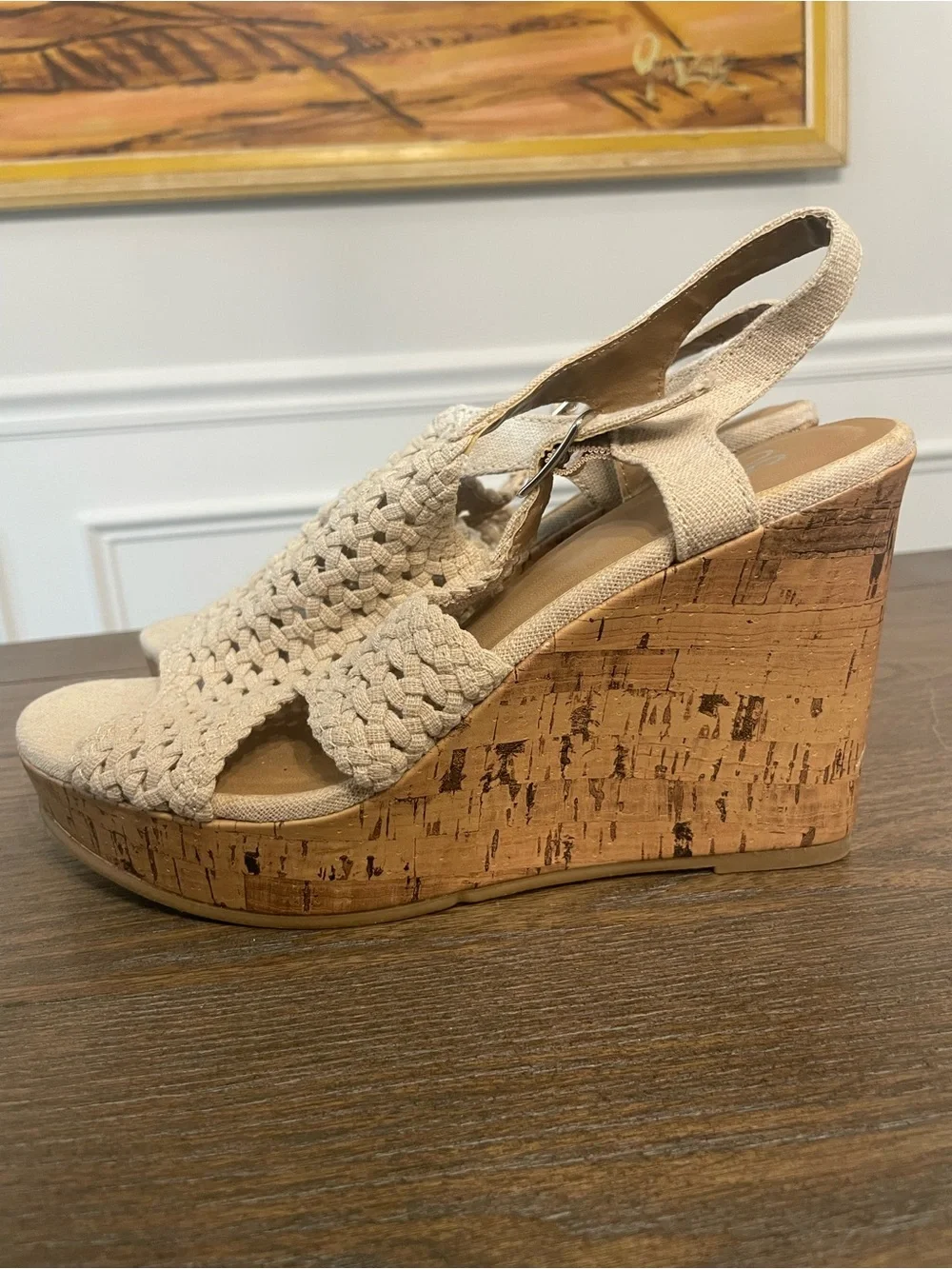 SO Beige Woven Slingback Cork Wedge Sandals